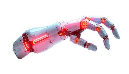 Futuristic robotic arm reaching, glowing red accents, isolated on black