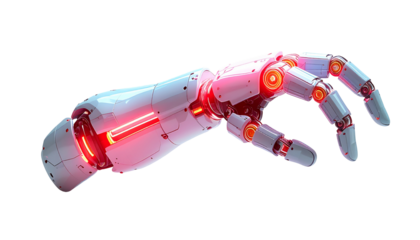 Futuristic robotic arm reaching, glowing red accents, isolated on black
