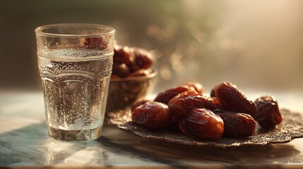 Obraz premium Peaceful Iftar Still Life with Dates and Cold Water