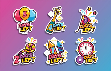 Colorful countdown stickers displaying days left with festive party elements