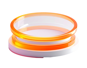 Futuristic, multi-tiered display platform with orange highlights and a glass ring