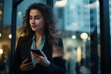 Businesswoman standing by window, actively engaged with two smartphones