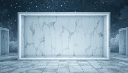 Marble walled room under starry night sky with cloudy landscape