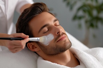 Male client receiving facial treatment in a spa, with a beautician applying cream using a brush, creating a relaxing and rejuvenating atmosphere for skincare