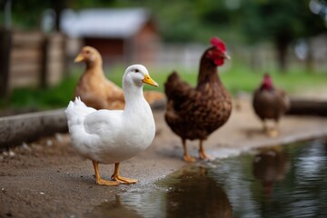 Obraz premium White duck stands by the water's edge, surrounded by brown chickens and another duck, showcasing a serene farmyard scene with vibrant greenery in the background