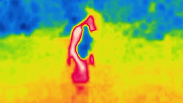Athletes do group exercises, individual warm-up exercises. Image from thermal imager device.