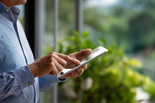 Senior man with gray hair using a tablet device while standing near a window surrounded by green plants, showcasing modern technology and lifestyle choices - Powered by Adobe