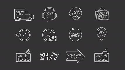 24-7 hour service animation set. Customer support animated white line icons. Business availability, delivery transport. Technical help. Isolated elements on dark background. Alpha channel HD video