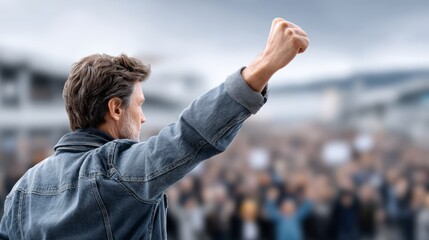 A passionate leader inspires a crowd, raising a fist in a powerful show of unity during a protest