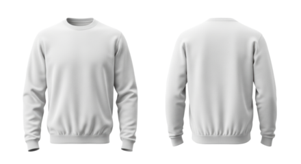 White unisex crewneck sweatshirt on an invisible mannequin showing front and back views against a transparent background. Concept for fashion design and advertising