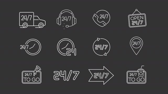 24-7 hour service animation set. Customer support animated white line icons. Business availability, delivery transport. Technical help. Isolated elements on dark background. Alpha channel HD video