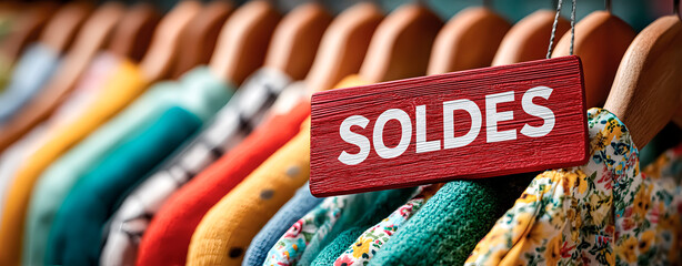 Colorful Clothing Rack with Red SOLDES Tag for French Fashion Sales