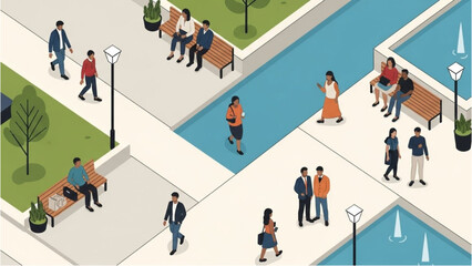 Overhead view of people walking and socializing in a modern urban plaza with water features and greenery © Stock Image Paradise