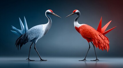 Fototapeta premium Two vividly colored cranes stand in a striking pose, showcasing the beauty of avian grace in a serene setting