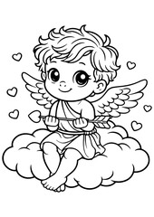 Cupid angel boy sitting on cloud vector line art, black and white illustration for engrave, laser engrave and Valentine decor
