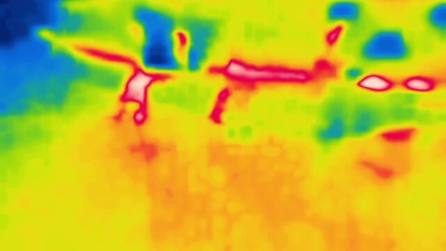 The boat sails away, pleasure craft, the sailor pushes away from the shore. Image from thermal imager device.