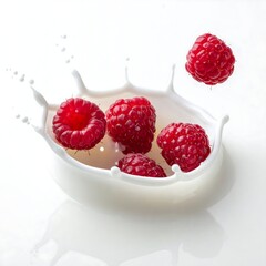 Close-up of raspberries splashing into a pool of white liquid