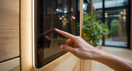 Hand touching smart home control panel with digital interface mounted on wooden wall