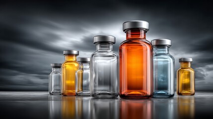 An arrangement of shimmering glass bottles in various colors displays elegance against a stormy background