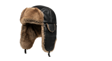A premium black leather trapper hat with brown faux fur on a transparent studio background with copy space. Concept for winter fashion e-commerce