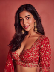 beautiful indian woman in elegant red embroidered lehenga and earrings posing confidently against a red background