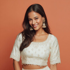beautiful indian woman wearing embroidered white lehenga with traditional jewelry and standing against soft colored backdrop