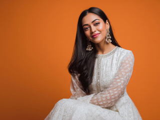 beautiful indian woman wearing embroidered white lehenga with traditional jewelry and standing against soft colored backdrop
