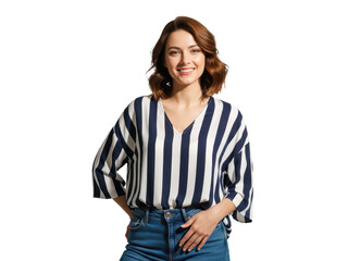 Fototapeta premium Smiling woman in striped blouse posing with confidence and casual elegance isolated on transparent background
