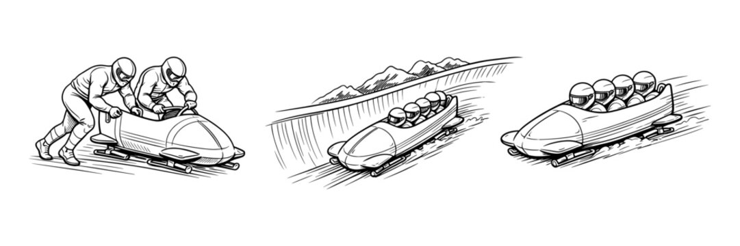 Bobsled team racing on ice track. Winter speed sport, teamwork and competition concept. Vector illustration.