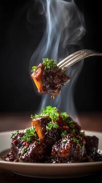 Appetizing gourmet dinner experience with delicious hot meat food dish of tender braised beef covered in rich savory sauce, complete with rising steam for comfort