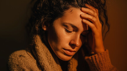 A woman with long hair is wearing a brown sweater