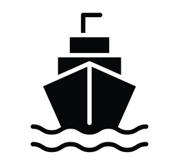 Minimalist Black Ship Icon on Water with Simple Waves Design