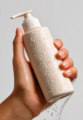 hand holding a sleek white conditioner bottle with water droplets set against a clean minimalist background