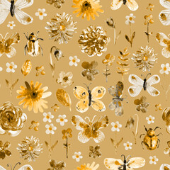 Hand drawn watercolor seamless pattern with flowers and butterflies. Colorful rose, daisy, dahlia, beetle, moth, leaves drawings