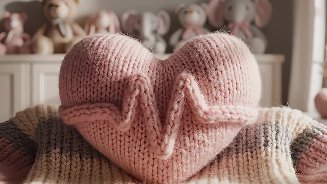 Closeup of Pink Knitted Heart Shape Symbol in Child's Room