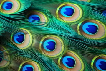 Obraz premium Peacock feathers showing a colorful natural pattern with blue and green hues