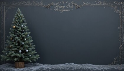 A dark background with a spruce tree and a black Christmas decoration. Greeting card, frame, and banner for a happy Christmas and holiday season. New Year's. Noel. Winter festive xmas theme