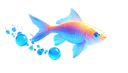 Colorful fish with bright fins and bubbles, set against black