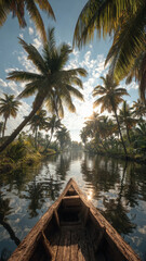 wooden boat gliding along tropical canal lined with lush palm trees under bright sky