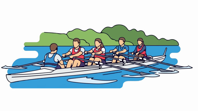 Five rowers in a boat on water, with green hills in background