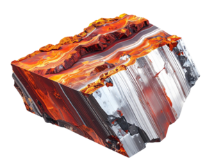 Cube slice revealing a fiery, layered core and polished silver