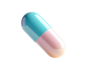 Isolated glossy capsule drug, blue & pink halves on black background