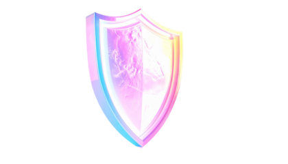 Iridescent shield with a heraldic design on a black background