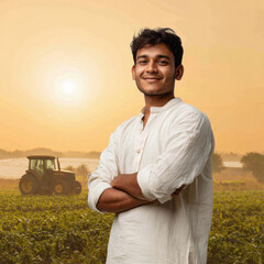 Progressive Indian farmer in a white kurta standing confidently with arms crossed in a lush green field solar panels in the background