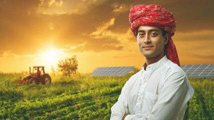 progressive Indian farmer in a white kurta and red turban standing confidently with arms crossed in a lush green field and solar panels in the background
