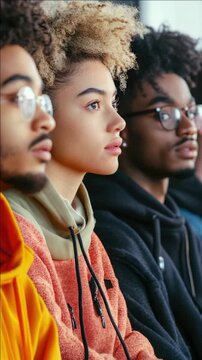 Five young people, four men and one woman with dreadlocks, sitting in a row wearing casual clothing, looking forward. Two of the men are wearing glasses.