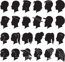 Female and Male Head Silhouettes | Human Profile Icons, Black Outline Figures & Minimalist Stock Illustration