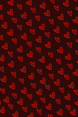 Hand drawn red heart doodles pattern on dark background
