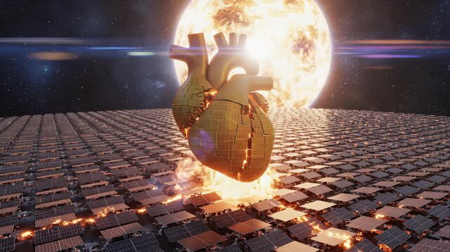 Golden Hearts Float Above Solar Farm With Burning Sun Background