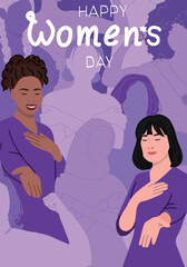 International Women's Day 2026 poster. Happy women with open palms giving gesture on abstract background of women silhouettes previous years. Campaign - #GiveToGain. Girl power, feminism, activism,lad